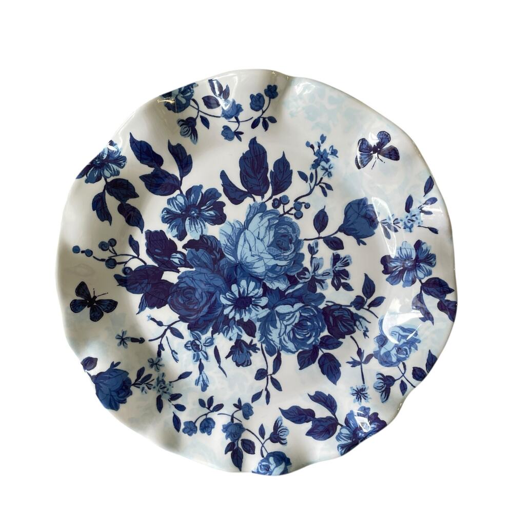 Shabby Chic Floral Melamine Salad Plates 9in Blue White Fluted Edge Set 4 NEW